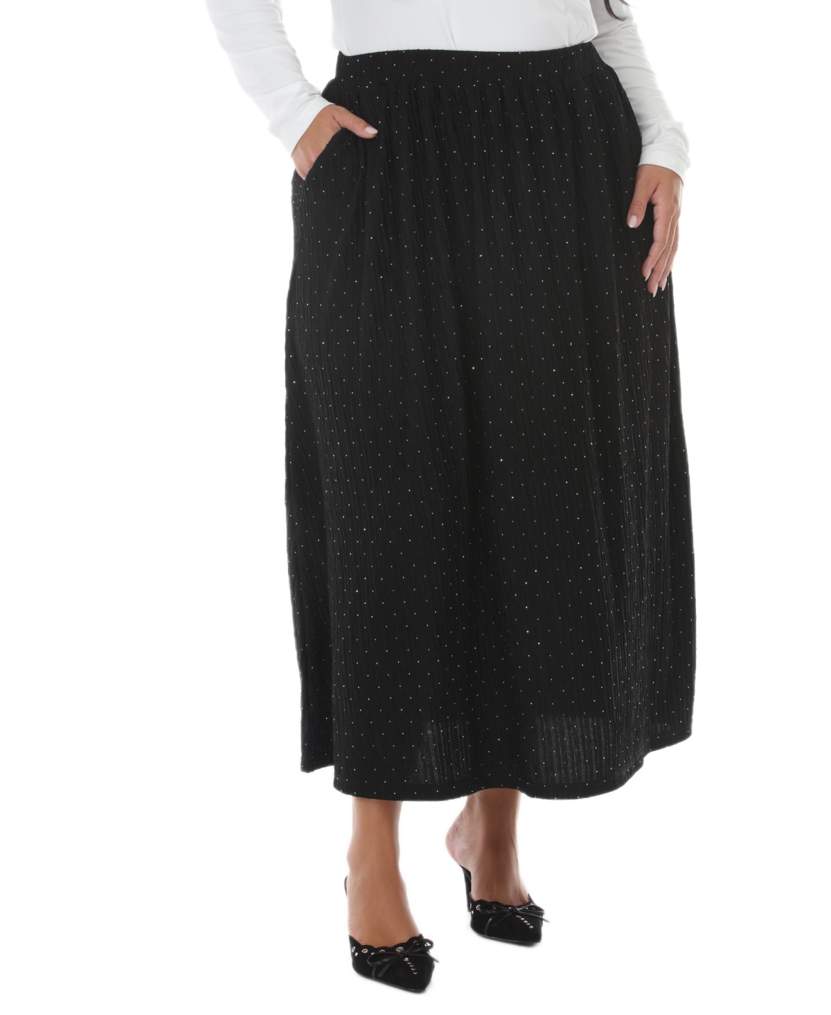 White Mark Plus Size Polka Dot Rhinestone Maxi Skirt - Black