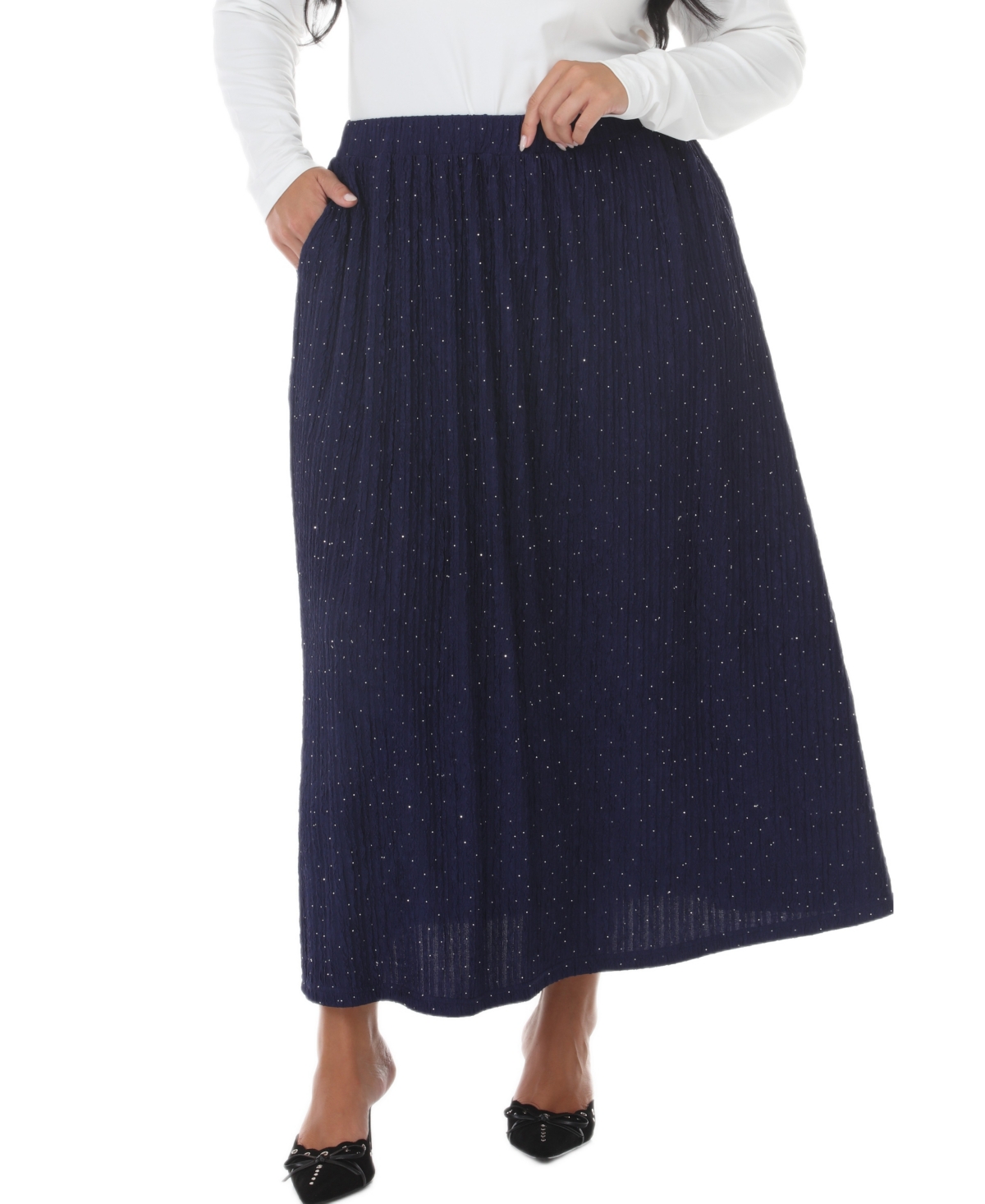 White Mark Plus Size Polka Dot Rhinestone Maxi Skirt - Navy