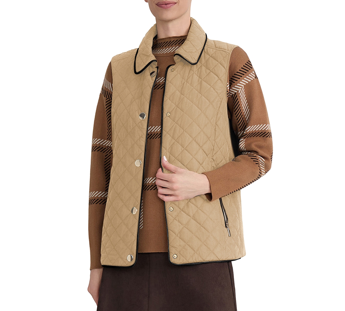 Jones New York Women's Quilted Faux Leather Piping Vest - Natural Camel/Jones Black