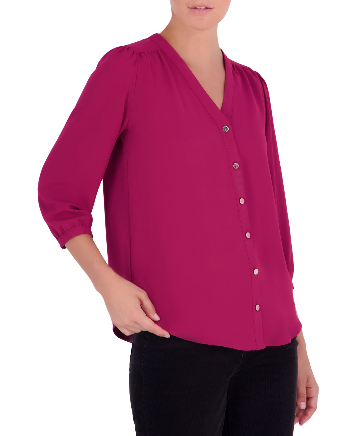 Women's 3/4-Sleeve V-Neck Button-Up Blouse