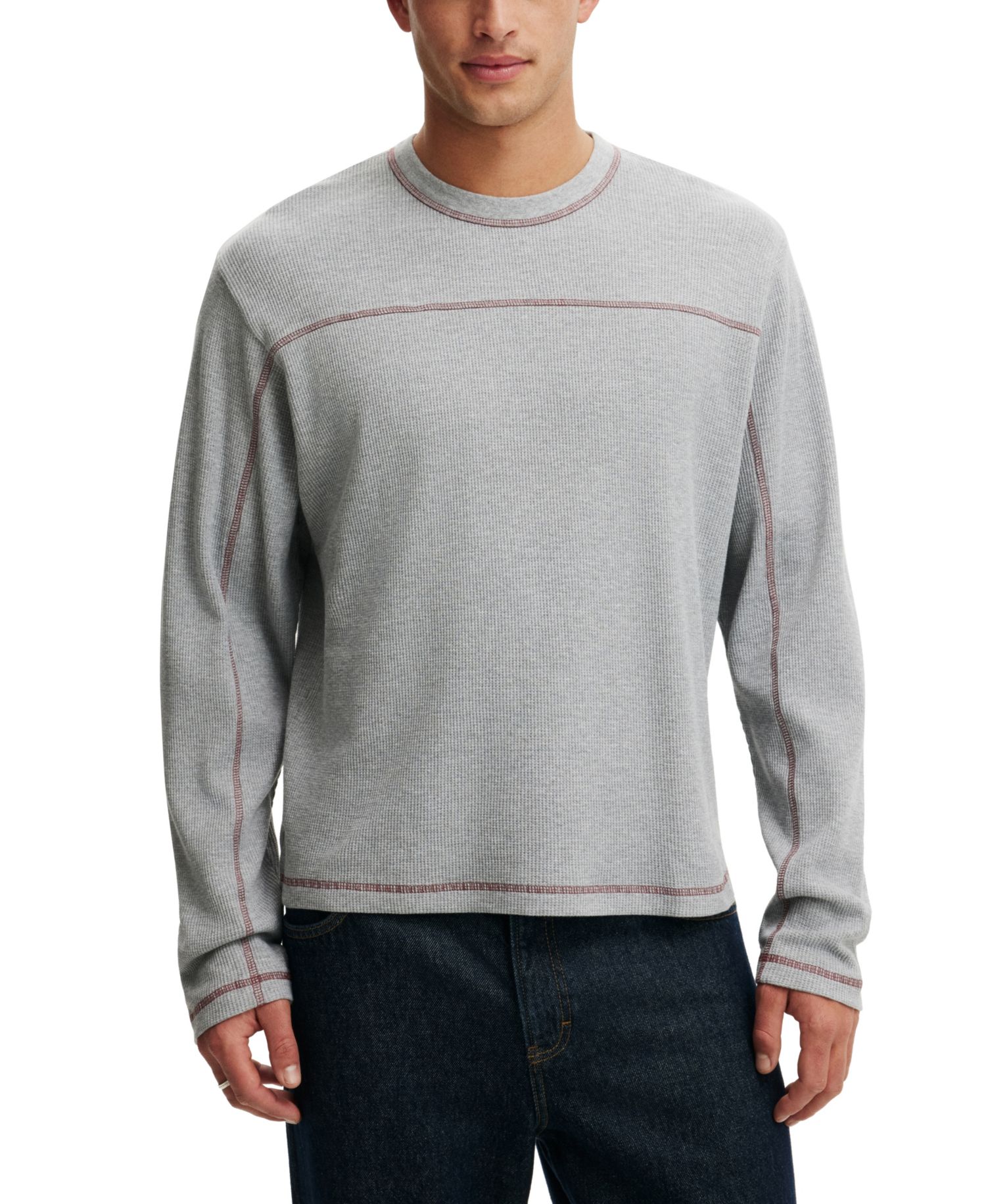 Men's Cropped Fit Textured Long-Sleeve Waffle-Knit T-Shirt