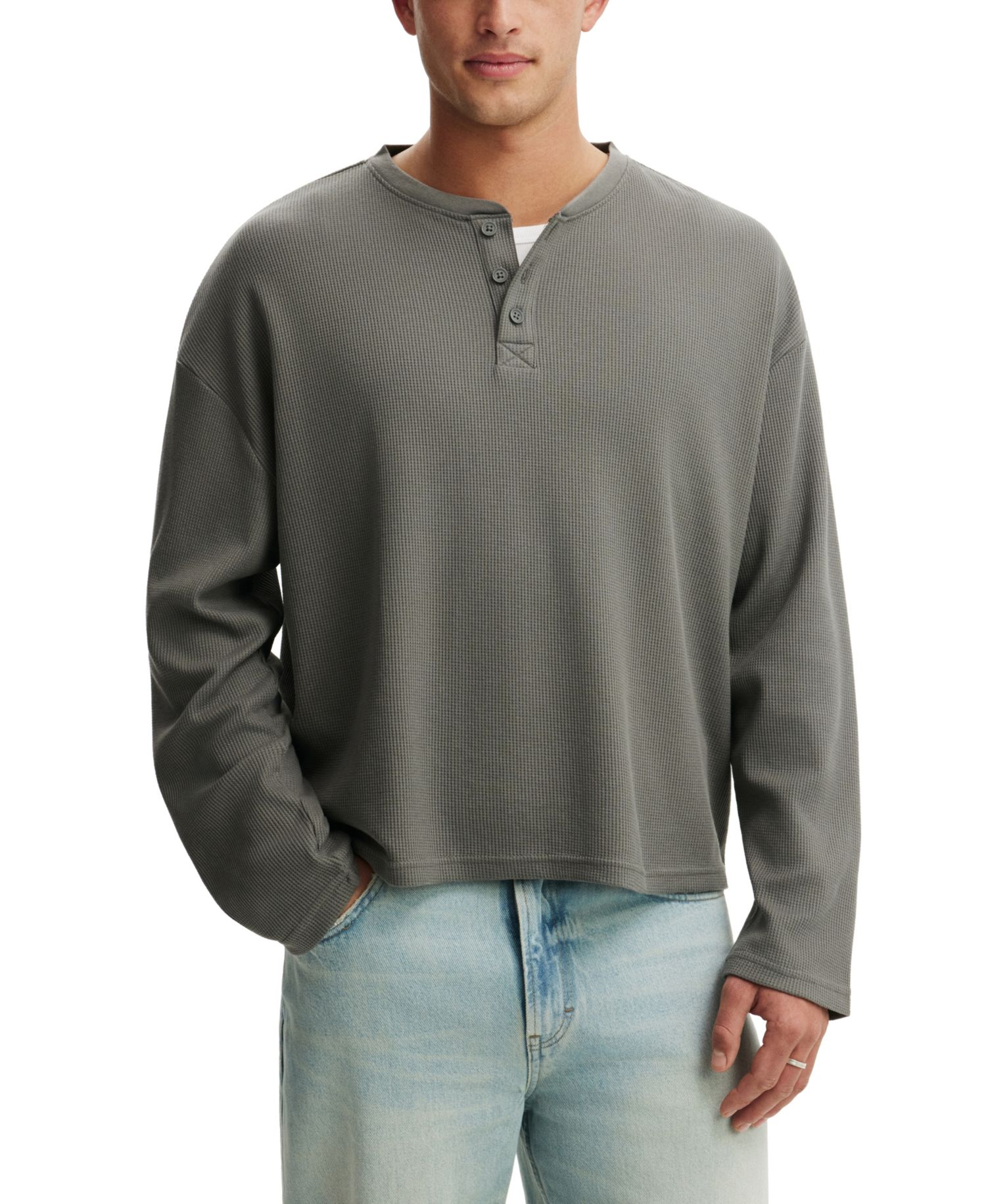 Men's Relaxed-Fit Waffle-Knit Long-Sleeve Henley
