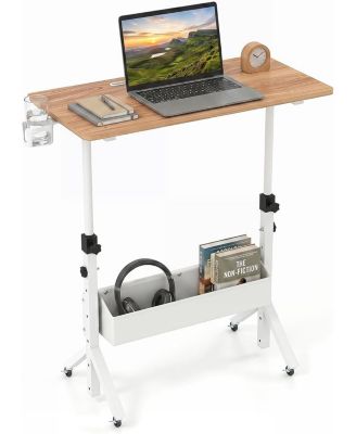 Mobile Standing Desk Height Adjustable Rolling Laptop Desk with Cup Holder Storage Basket