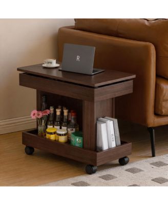 Small Coffee Table with Wheels, Rotating Desktop and Storage