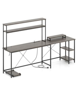 L-Shaped Reversible Gaming Desk with LED Strip and Power Outlets Hutch Monitor Stand