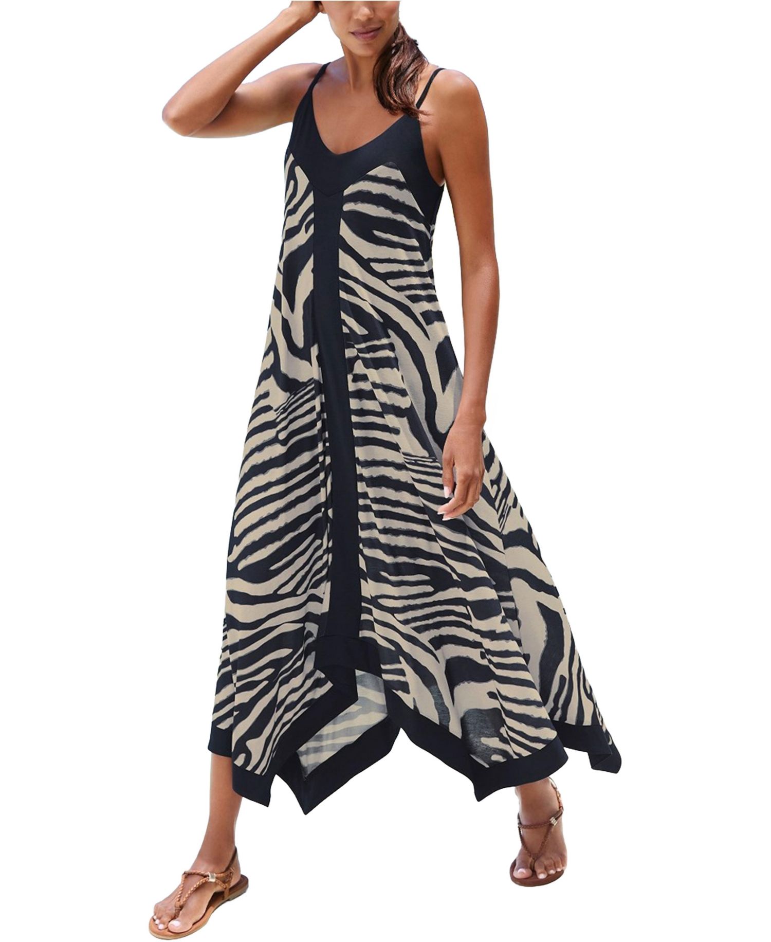 Women's Color-Block Deep V-Neckline Animal-Print Midi Dress