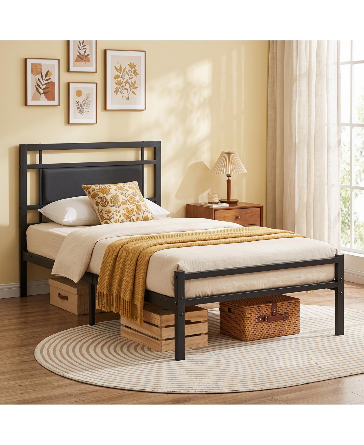 Gymax Twin Size Metal Bed Frame with Upholstered Headboard Footboard Under-bed Storage