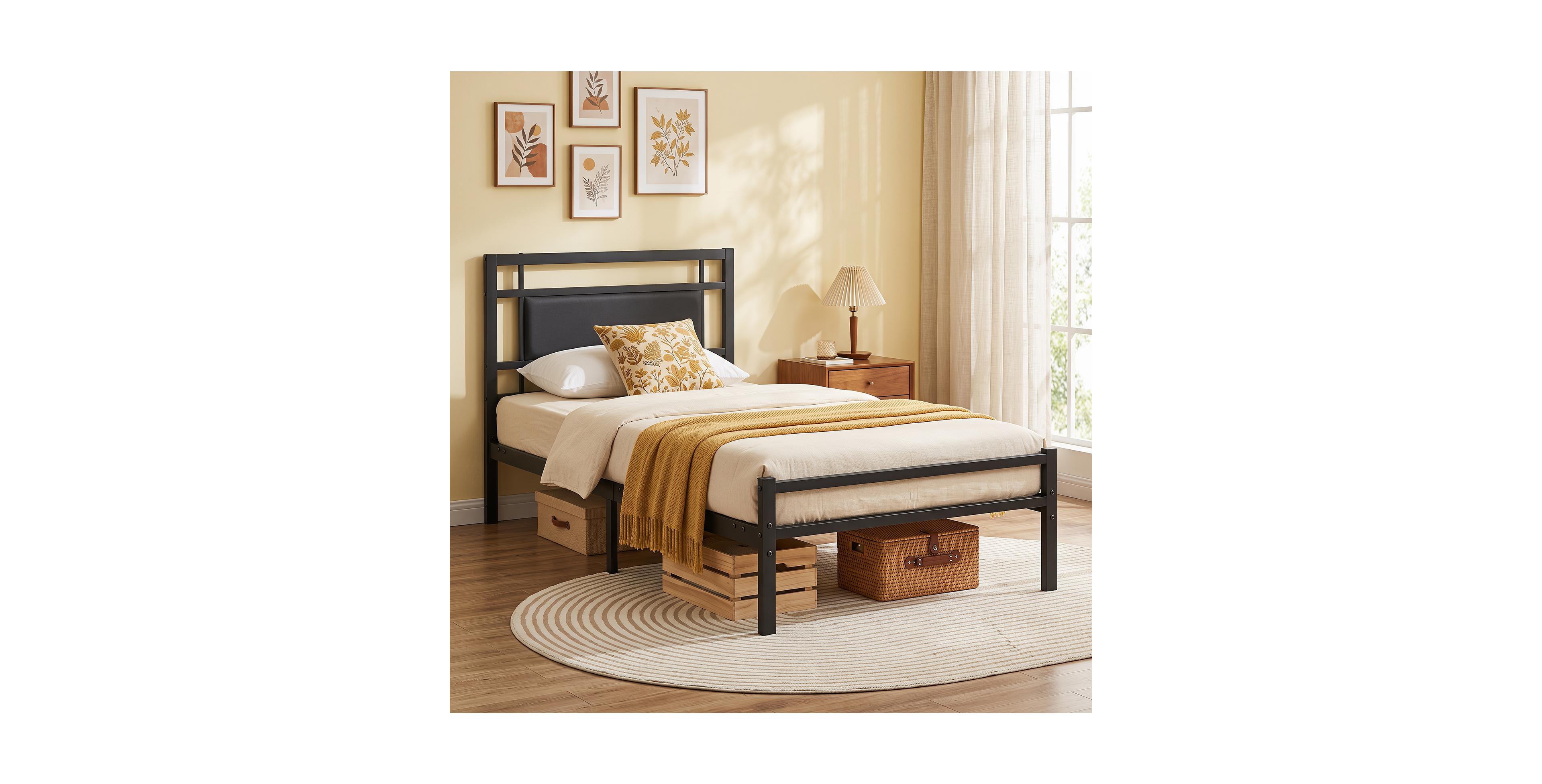 Gymax Twin Size Metal Bed Frame with Upholstered Headboard Footboard Under-bed Storage