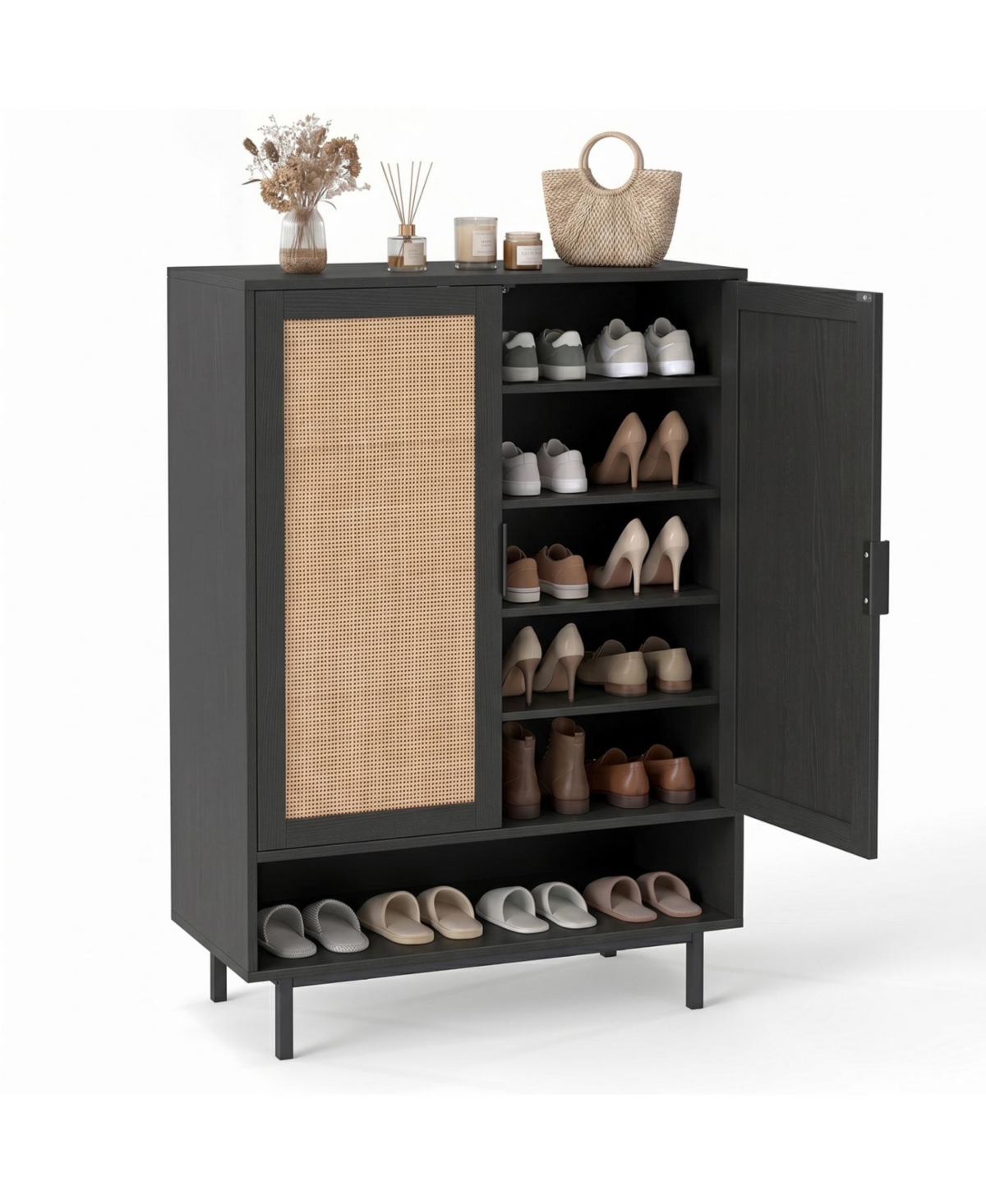 Mecale 43 Inch 6 Tier Tall Shoe Cabinet with Double Doors - Black