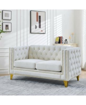 82" Velvet Chesterfield Sofa, Tufted Button Couch with Gold Metal Legs and Nailhead Trim, Modern 2-Seater with Unique Charm Loop
