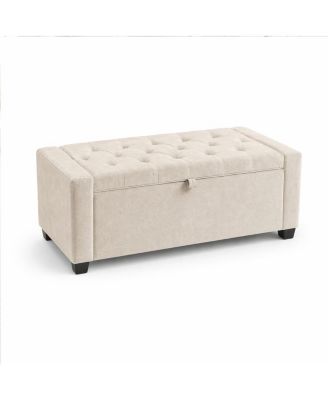 Chenille Upholstered Storage Bench with Safety Hinge