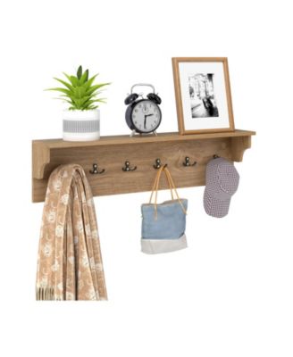 Wall Hooks with Shelf 31.5inch Wooden Coat Rack with 6 Hooks for Hats Towels Purses Robes