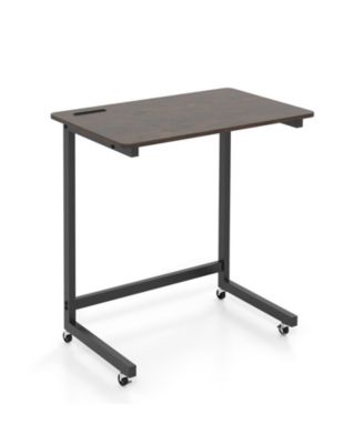 C Shaped End Table with Wheels Mobile Bedside Table with Built in Phone Slot Rustic