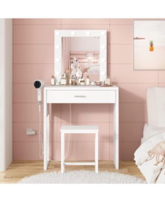 Makeup Vanity Desk with Mirror and Lights, Small Vanity for Girls' Bedroom