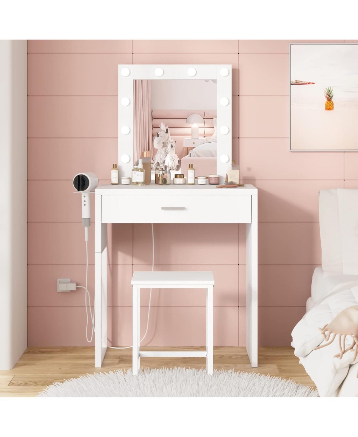 Vabches Makeup Vanity Desk with Mirror and Lights, Small Vanity for Girls' Bedroom
