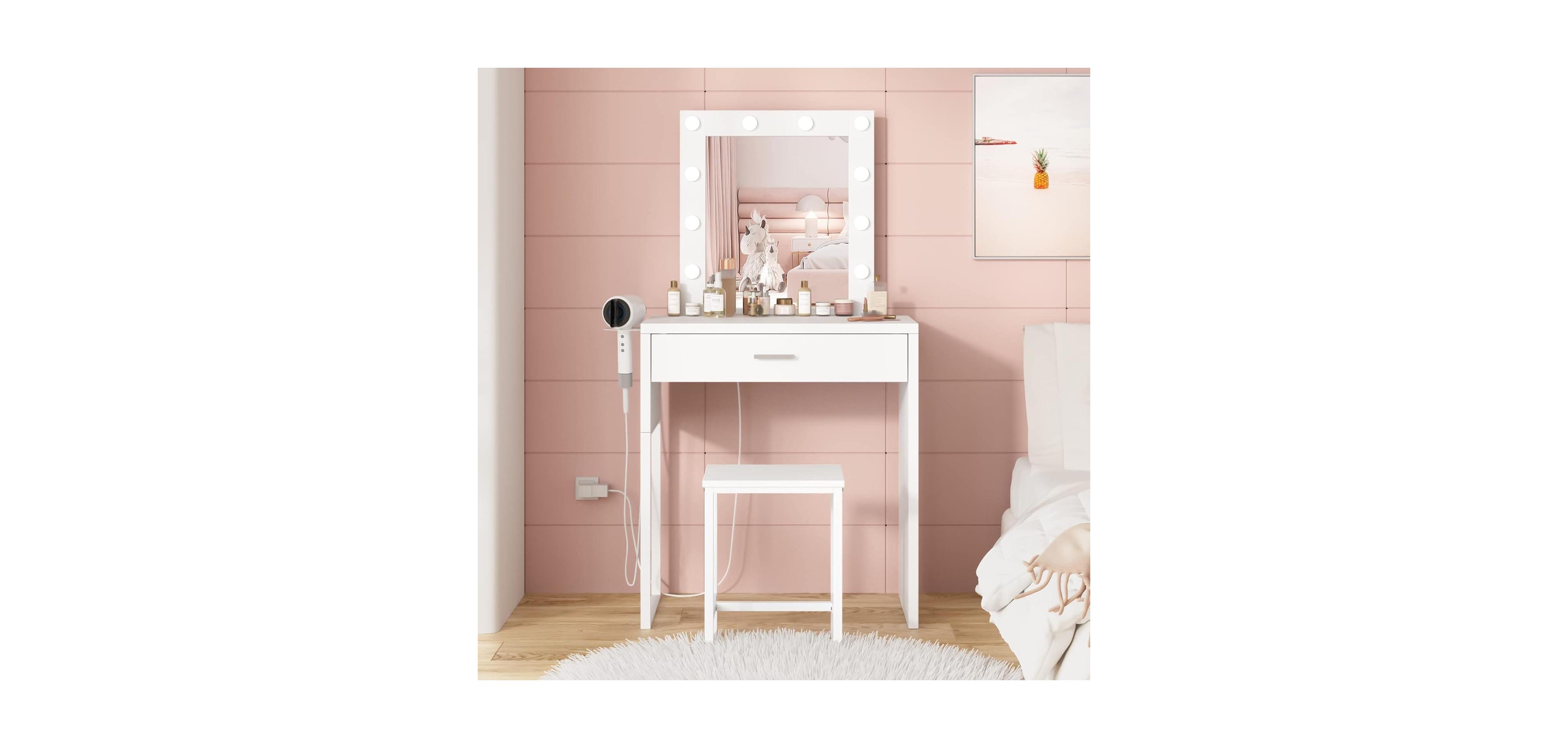 Vabches Makeup Vanity Desk with Mirror and Lights, Small Vanity for Girls' Bedroom