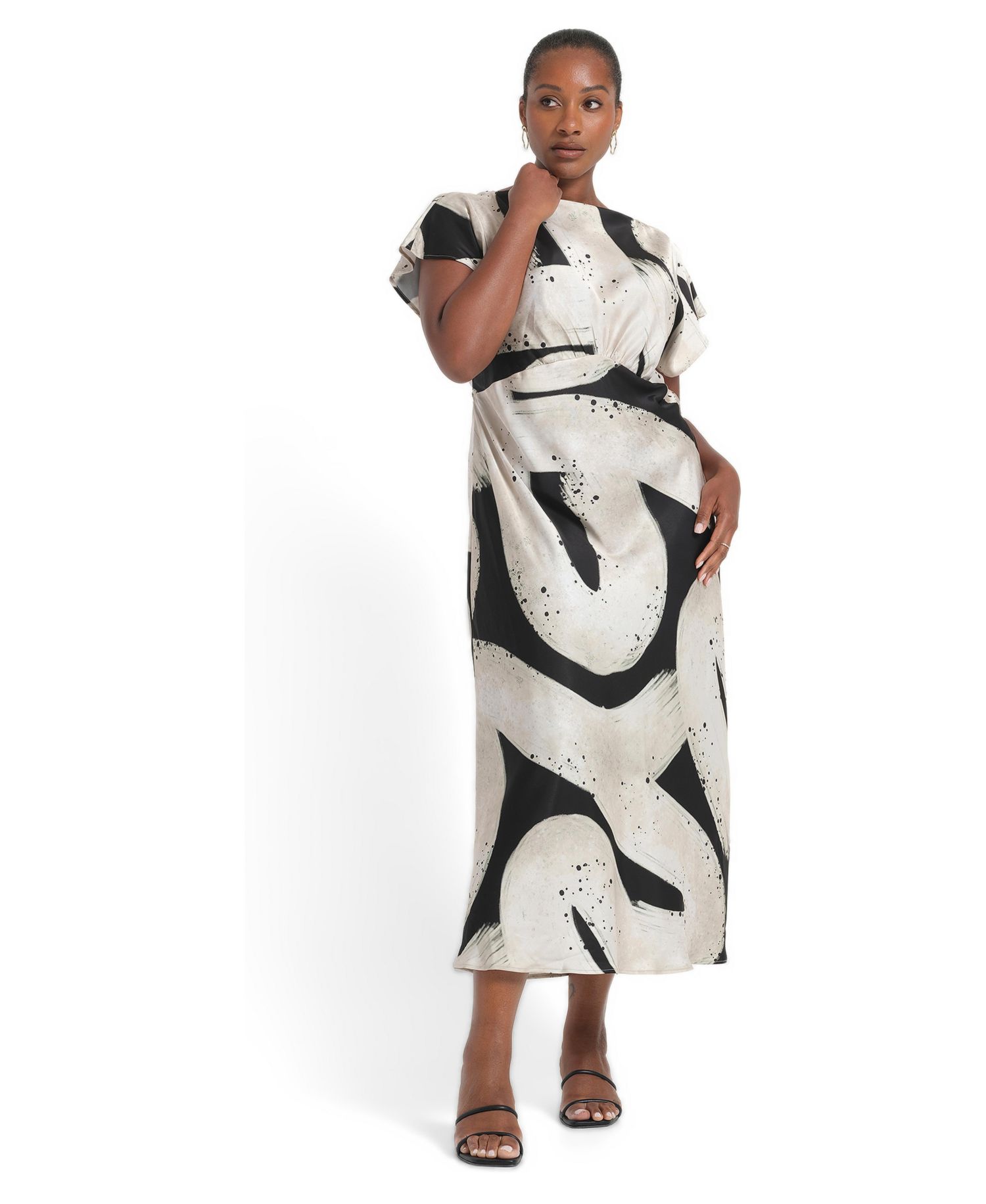 Plus Size Drew Printed Satin Fit-and-Flare Boat-Neck Midi Dress