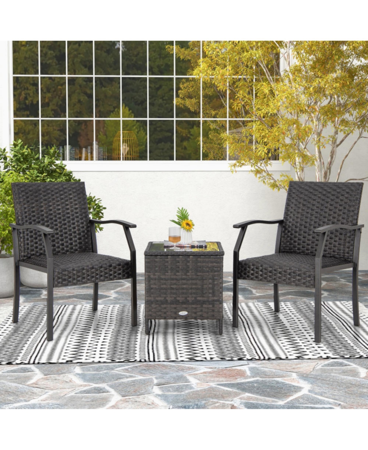 Clihome 3 Piece Patio Wicker Chair Set with Quick Dry Foam Cushions All Weather