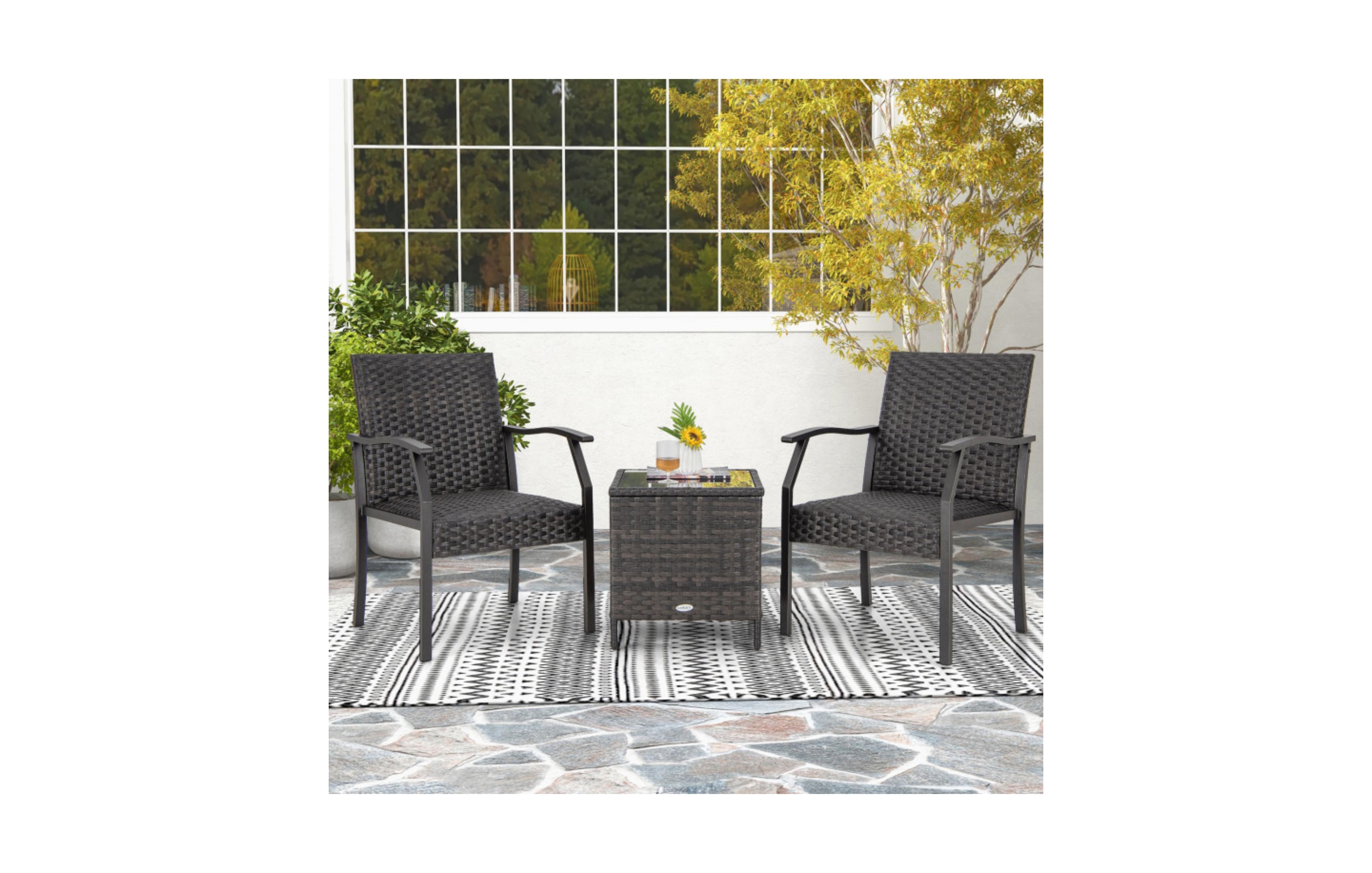 Clihome 3 Piece Patio Wicker Chair Set with Quick Dry Foam Cushions All Weather