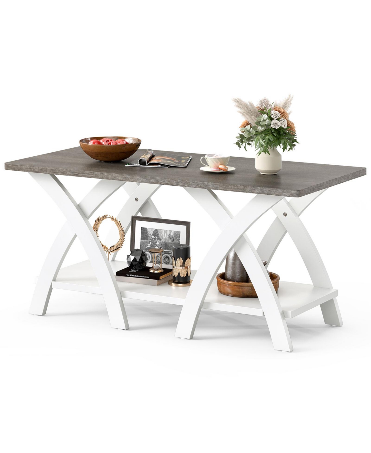 Mecale 40 Inch Farmhouse Wooden Coffee Table with Storage Shelf with X Shaped Legs