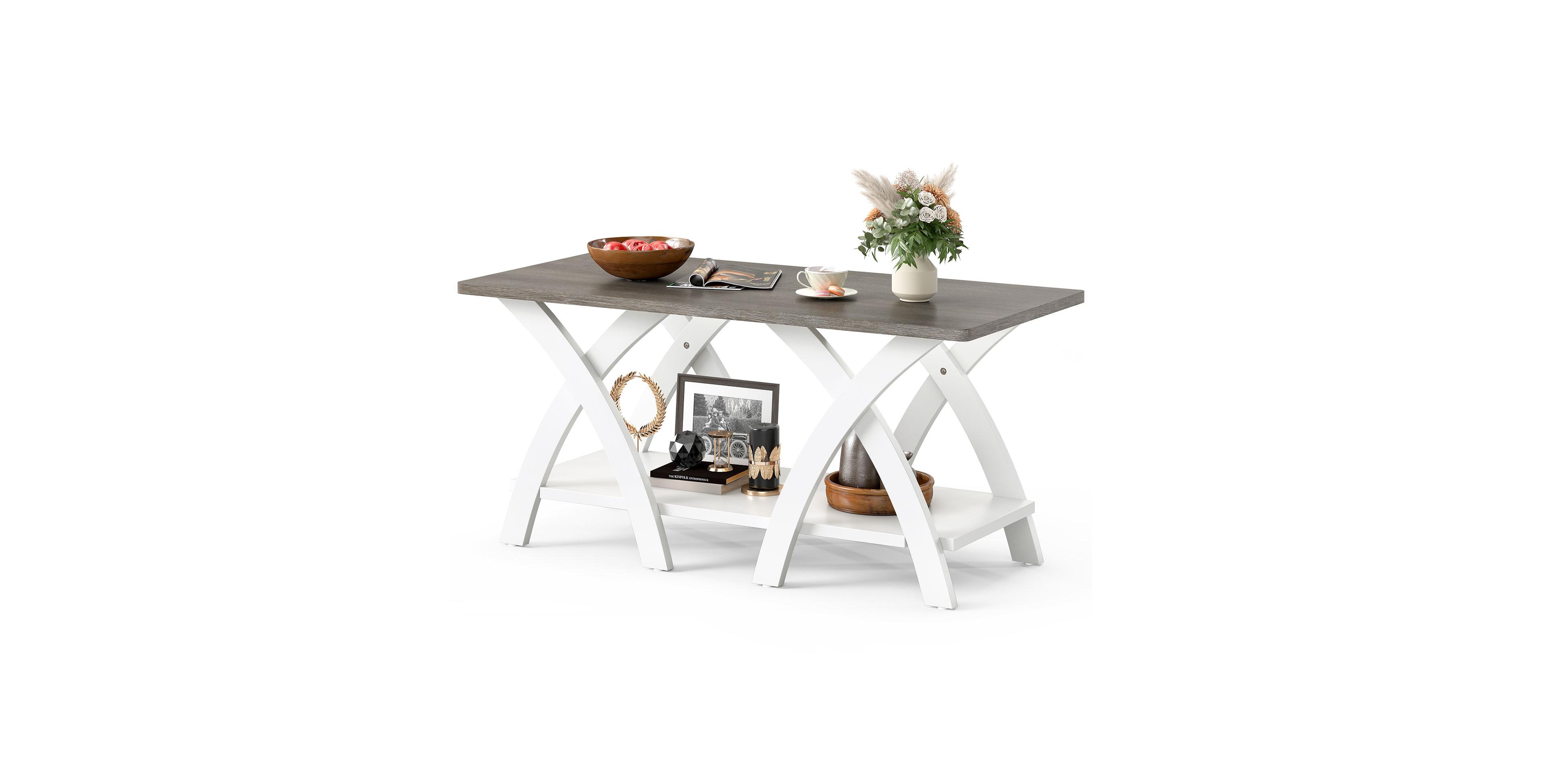 Mecale 40 Inch Farmhouse Wooden Coffee Table with Storage Shelf with X Shaped Legs
