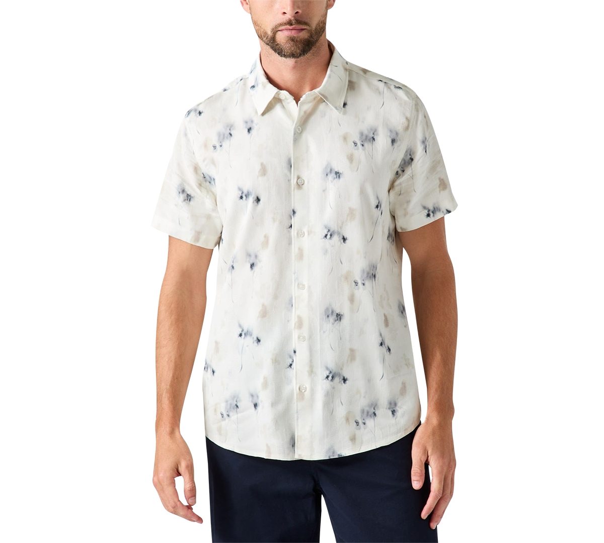 Guess Men's Knox Jacquard Short-Sleeve Floral-Print Regular-Fit Shirt - White