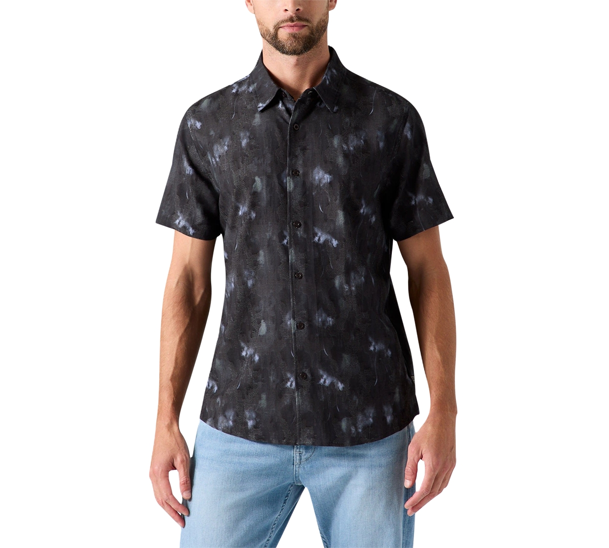 Guess Men's Knox Jacquard Short-Sleeve Floral-Print Regular-Fit Shirt - Jet Black