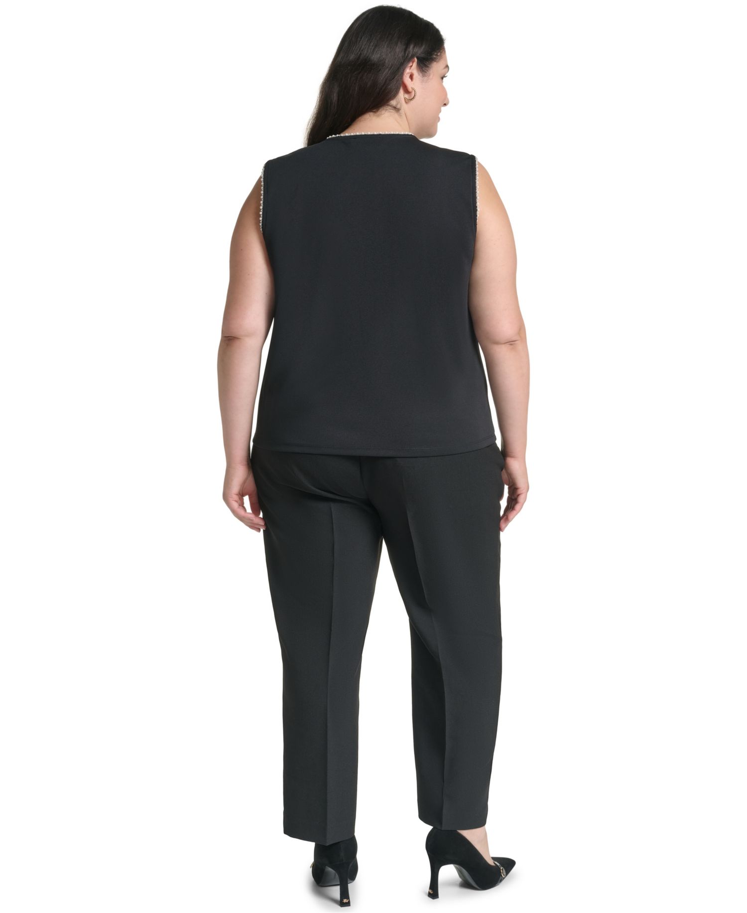 Plus Size V-Neck Sleeveless Imitation Pearl Bow Blouse