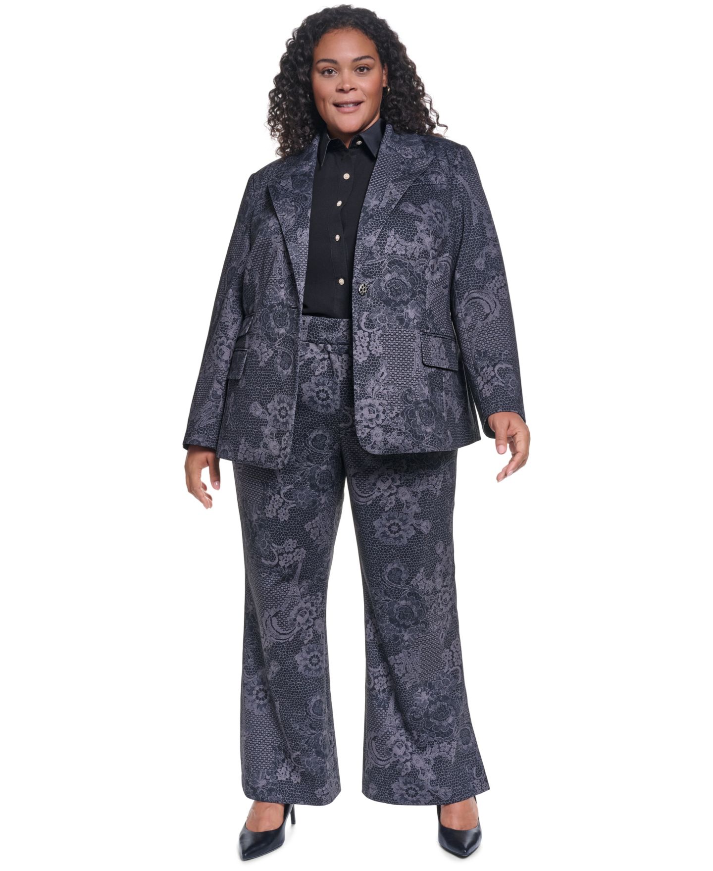 Женский пиджак KARL LAGERFELD PARIS Plus Size Floral-Print Jacquard Blazer, цвет: Чёрный графитовый меланжевый — фото 2