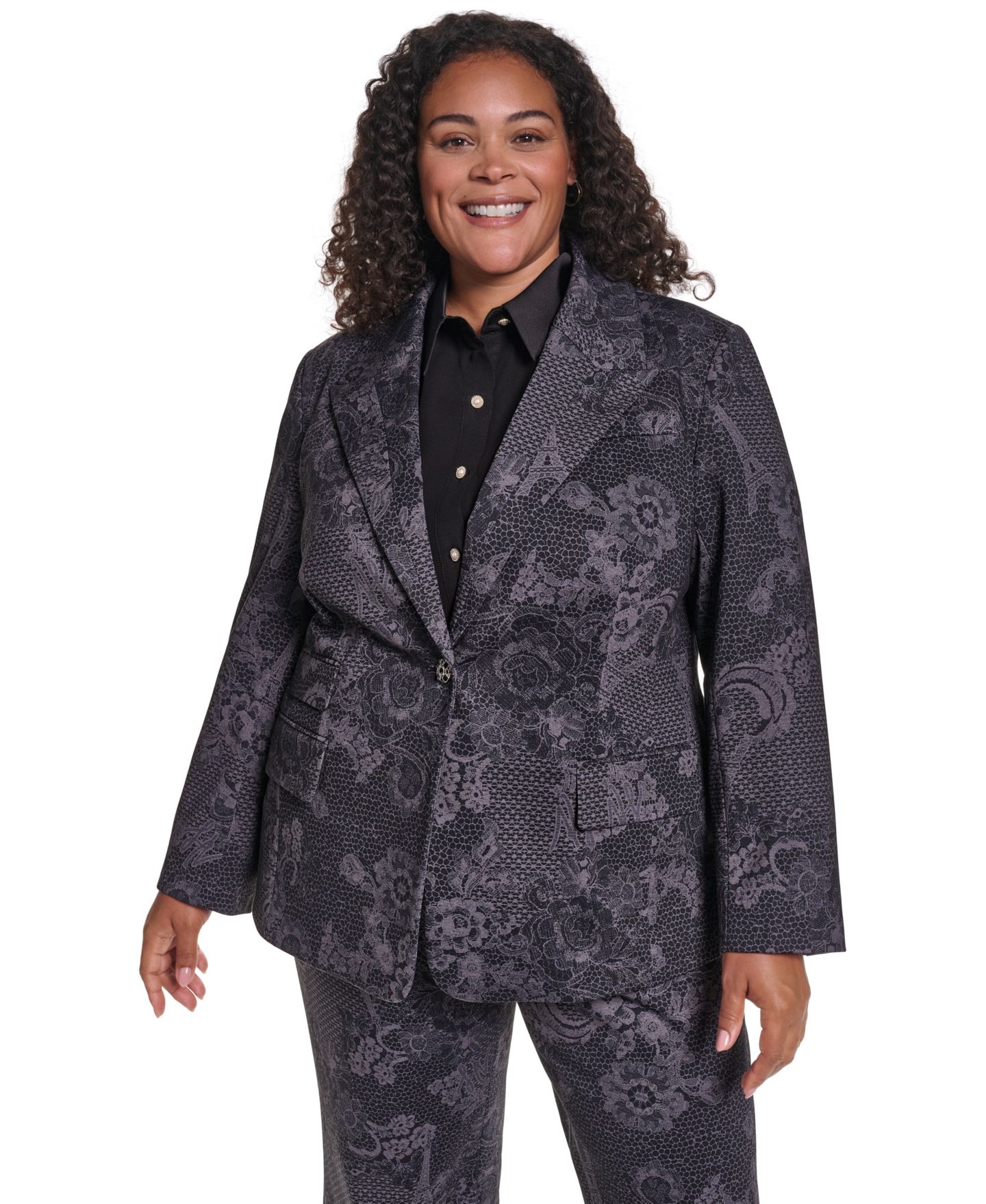 Женский пиджак KARL LAGERFELD PARIS Plus Size Floral-Print Jacquard Blazer, цвет: Чёрный графитовый меланжевый — фото 1
