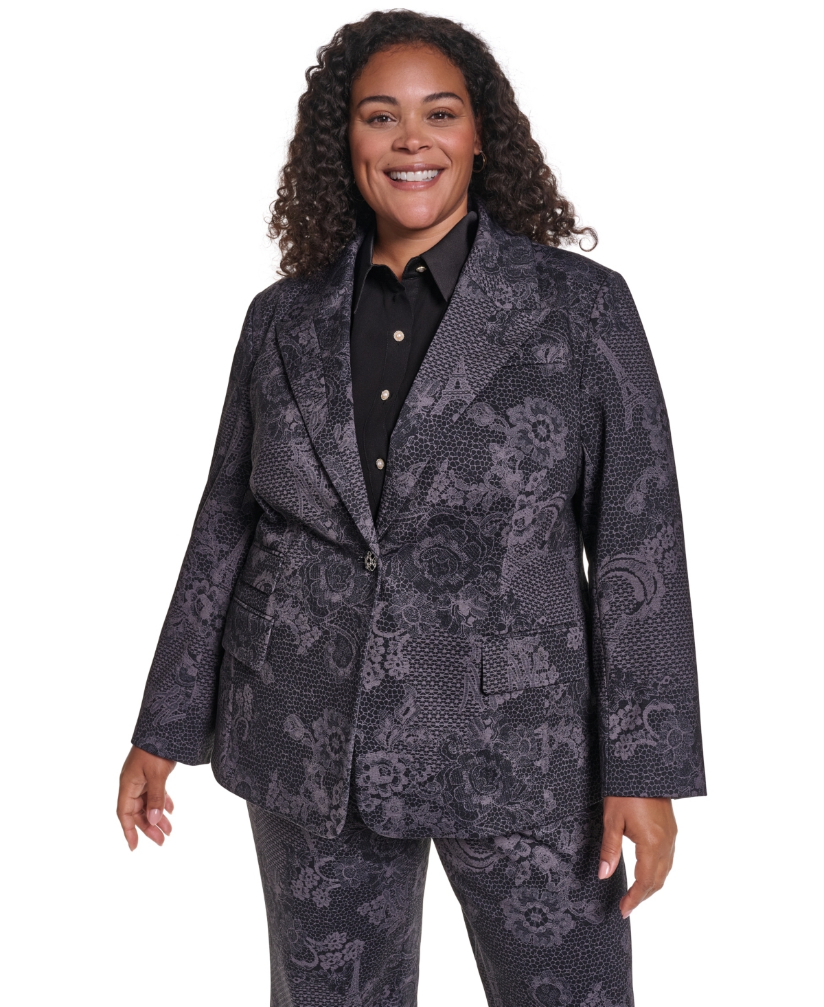 Karl Lagerfeld Paris Plus KL671 Floral-Print Jacquard Blazer, Created for Macy's