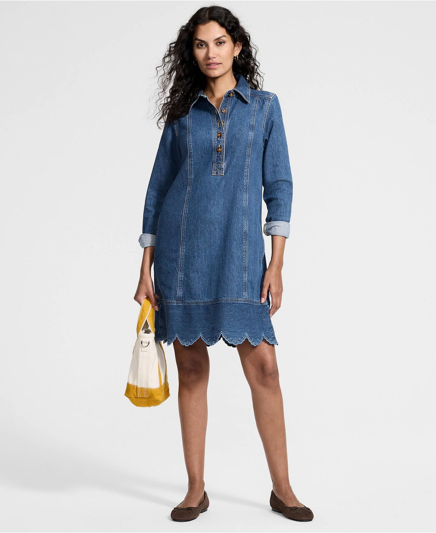Женское платье Lands' End Soft Denim Eyelet Popover At The Knee, цвет: Синий варёный — фото 4