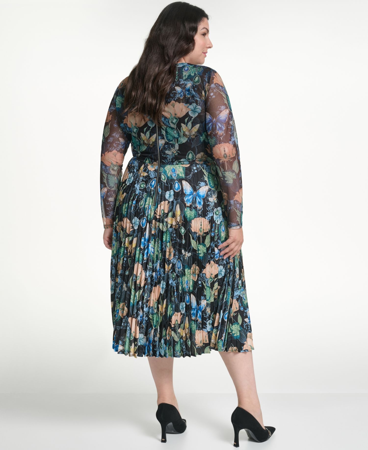 Plus Size Mixed Media Mesh Long-Sleeve Dress