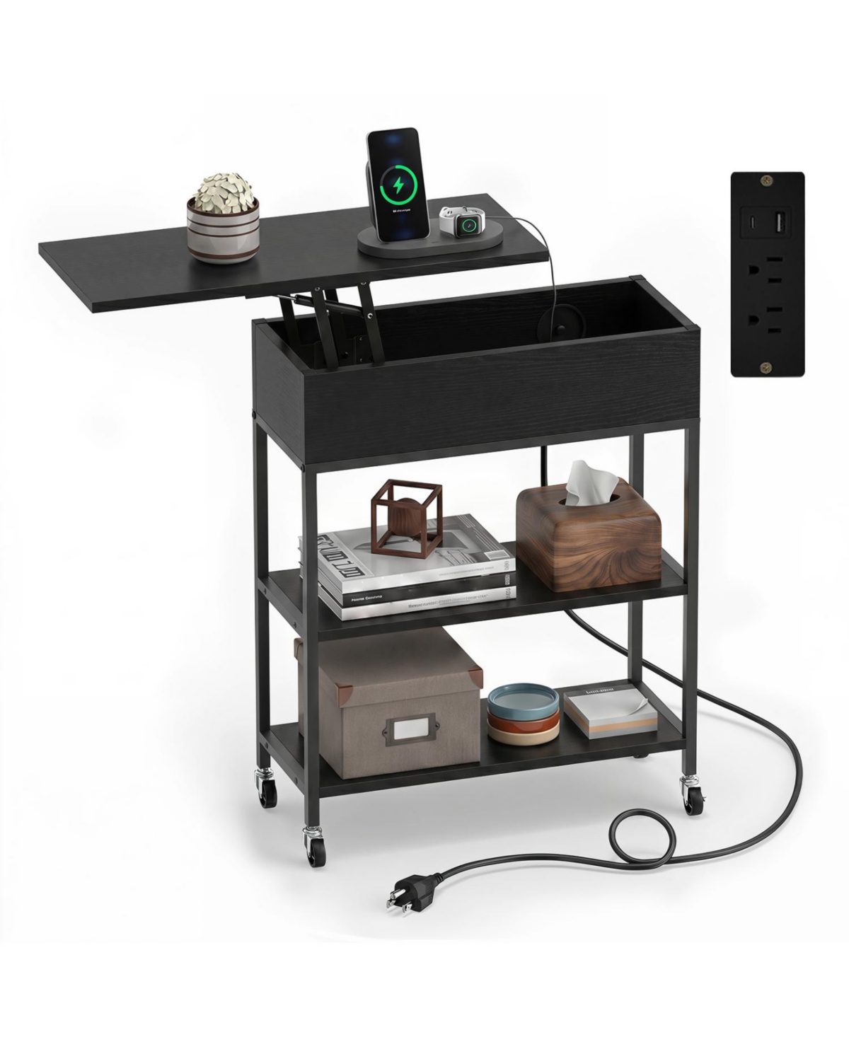 Mecale Lift Top End Table with Charging Station and Universal Wheels