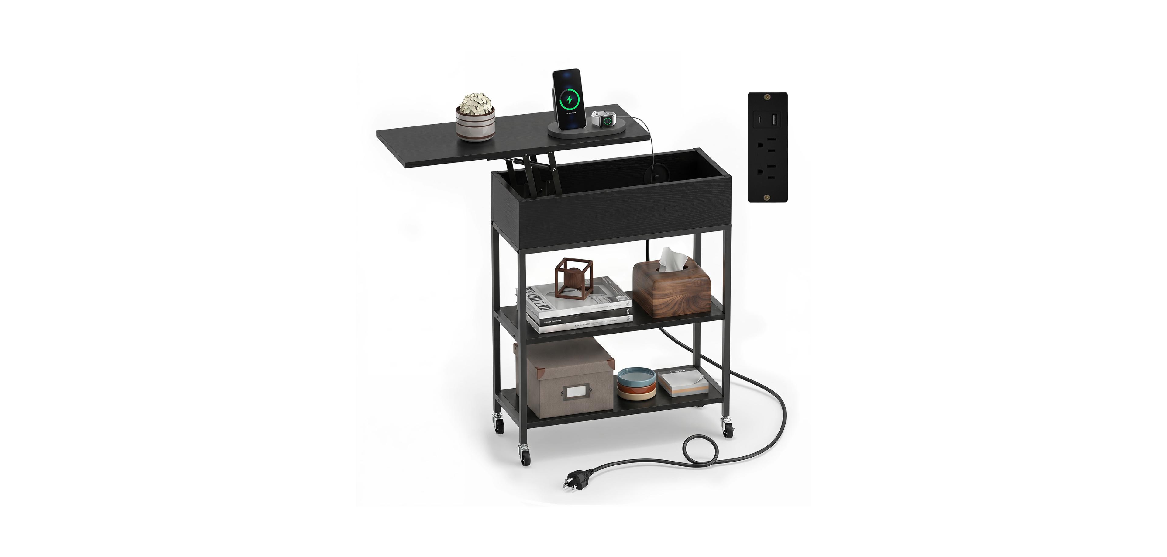 Mecale Lift Top End Table with Charging Station and Universal Wheels