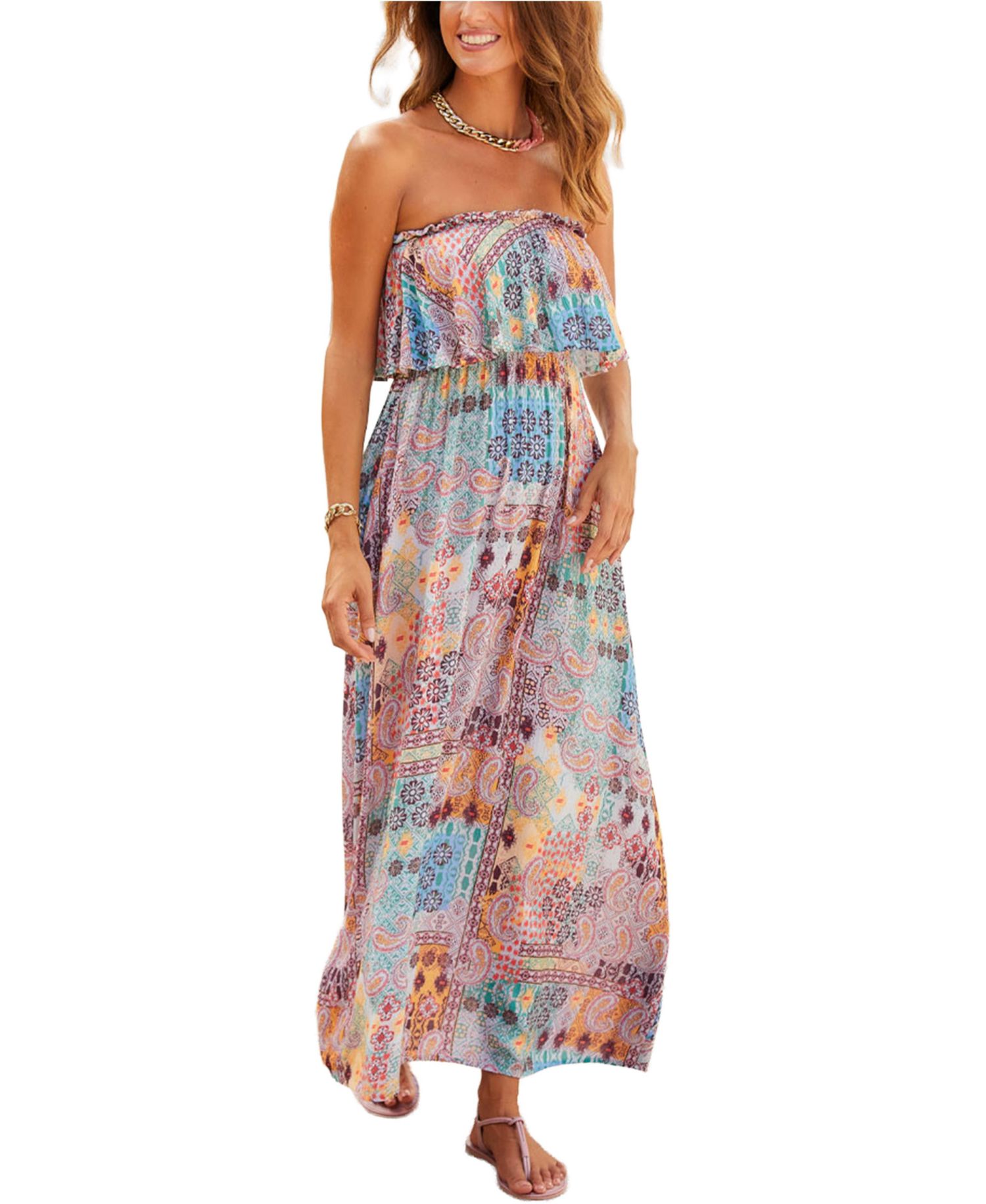 Women's Patchwork-Print Bandeau Ruffle-Trim Maxi Dress