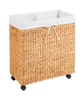 Large Double Laundry Hamper With Rolling Wheels, Woven Laundry Basket With Liner