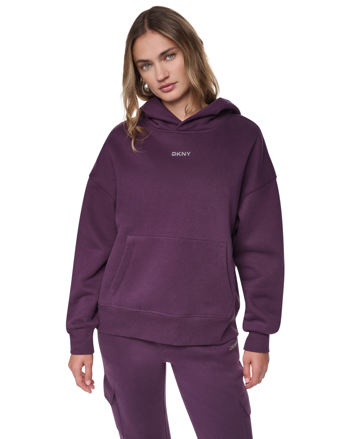 Dkny Sport Women's Metallic Bubble Logo Oversized Drop-Shoulder Hoodie - Plum Jewel