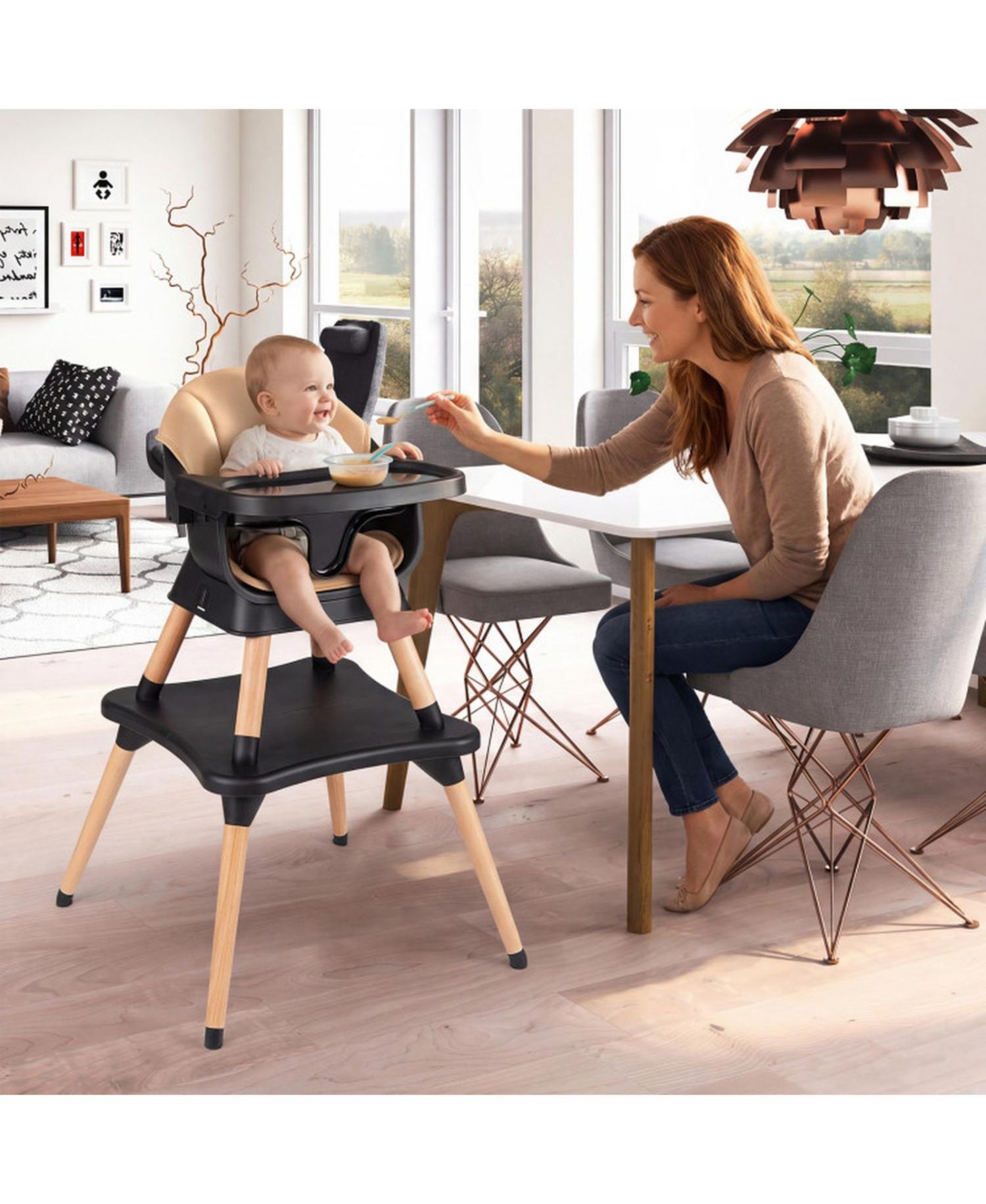 Convertible High Chair with Solid Wood Legs and 5-Point Harness