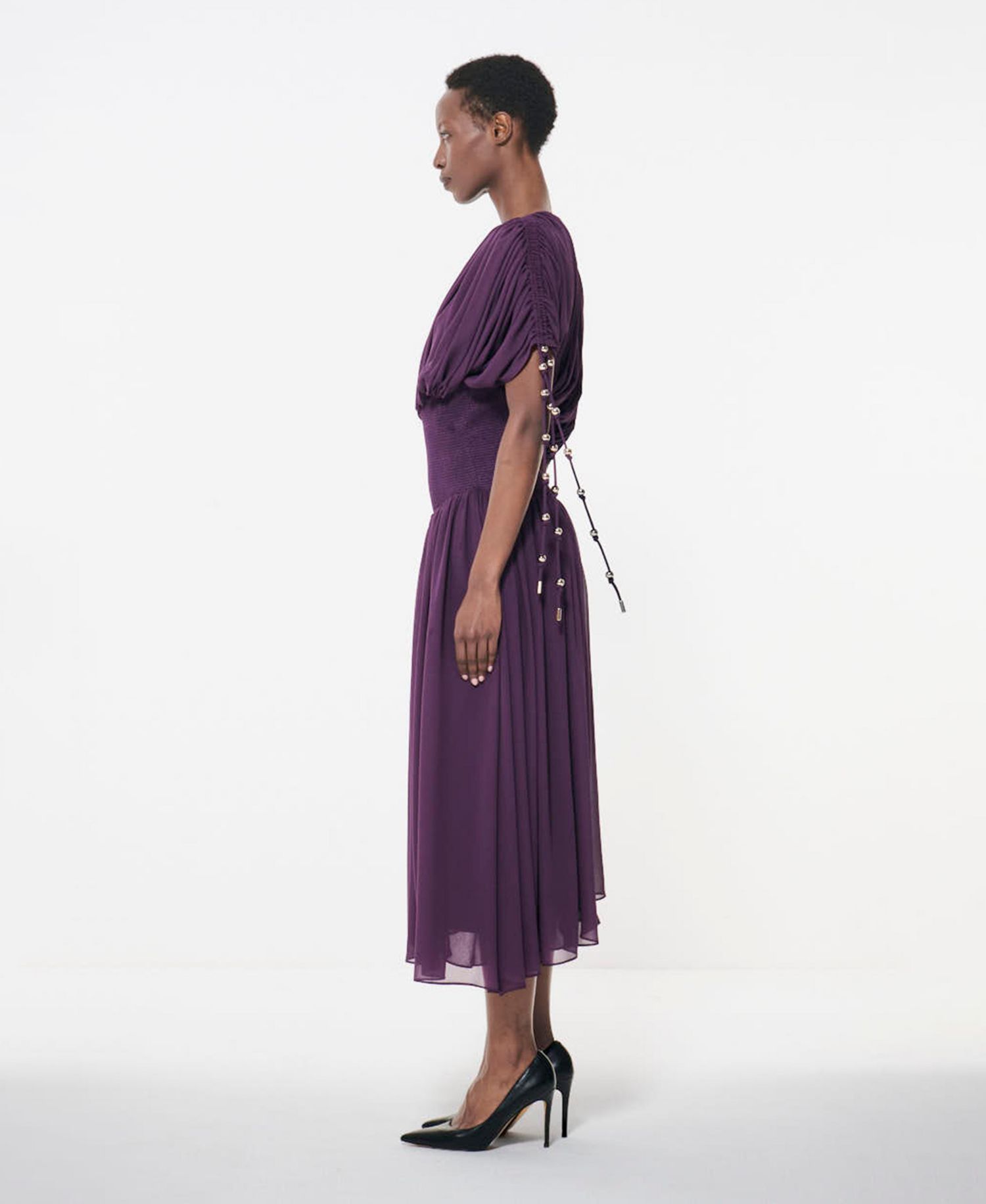 Women's Smocked Waist Ruched Sleeve Dress