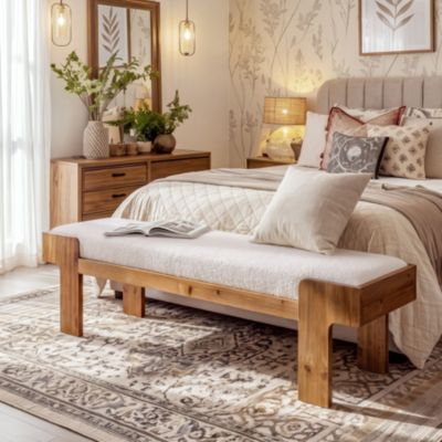 63" Upholstered Bench, Solid Wood Bedroom Bench, White