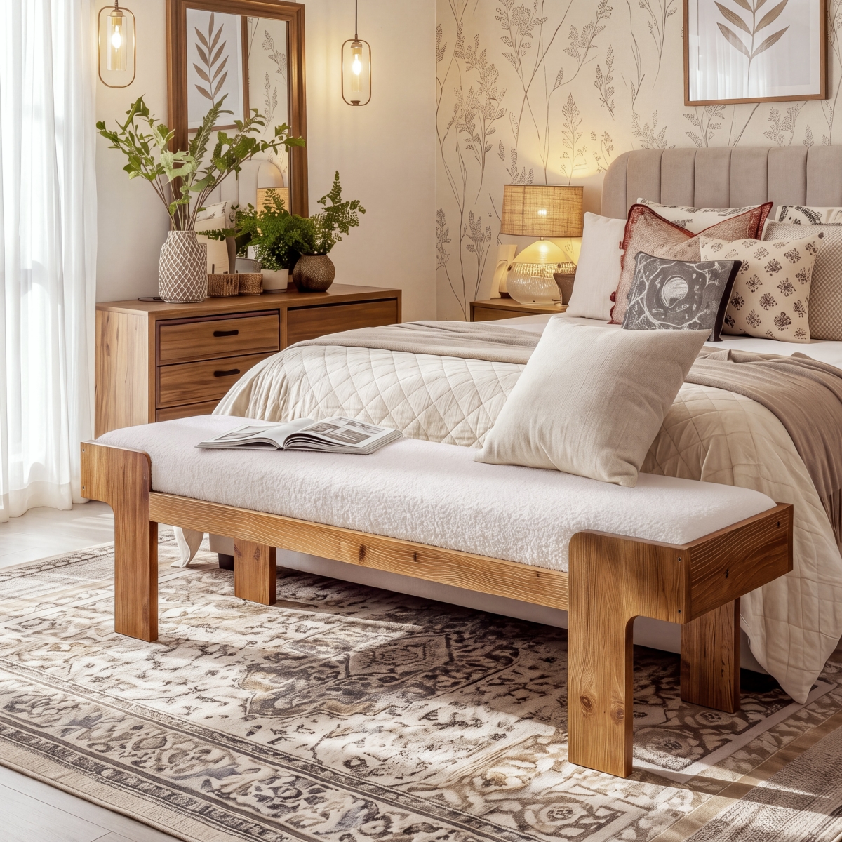 Tribesigns 63" Upholstered Bench, Solid Wood Bedroom Bench, White
