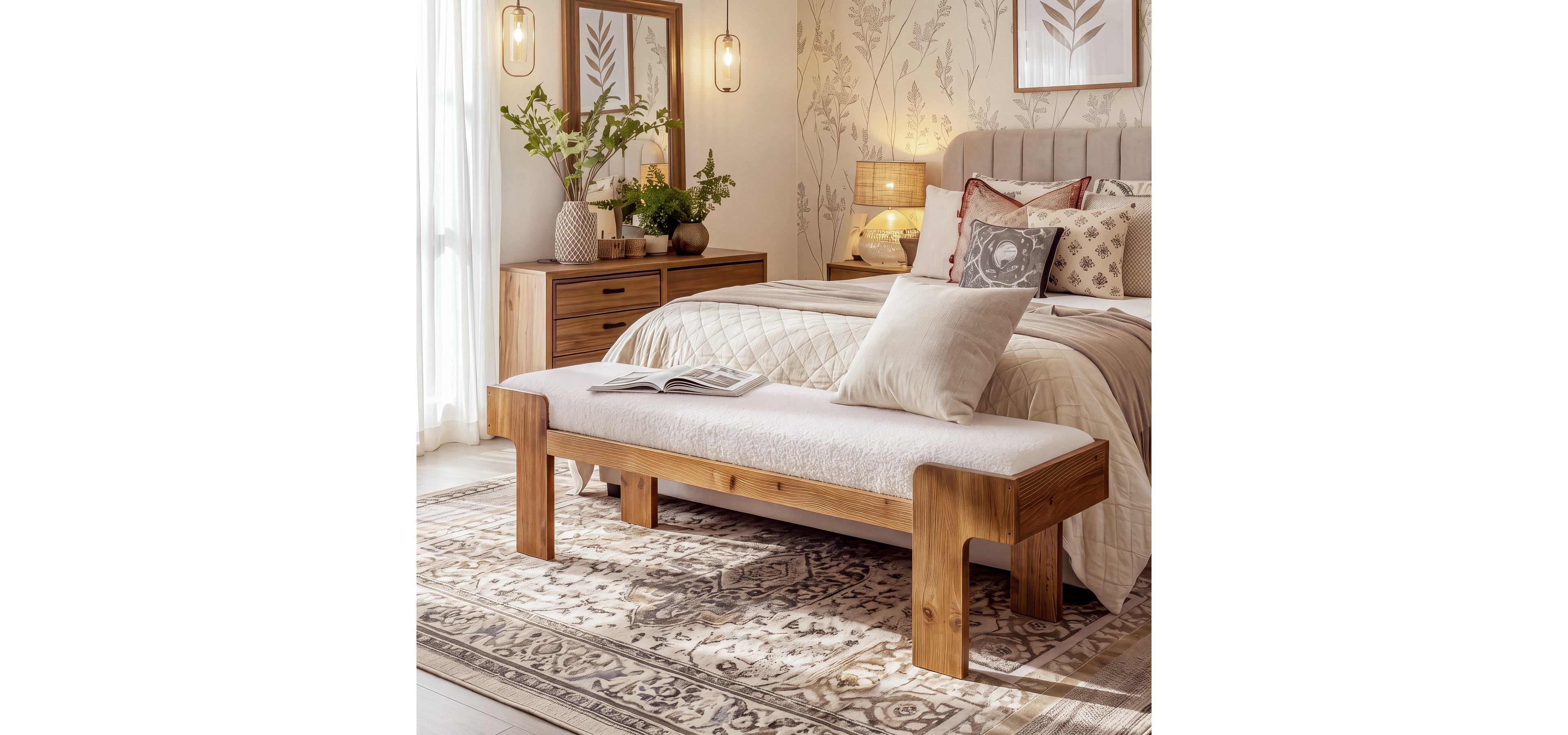 Tribesigns 63" Upholstered Bench, Solid Wood Bedroom Bench, White