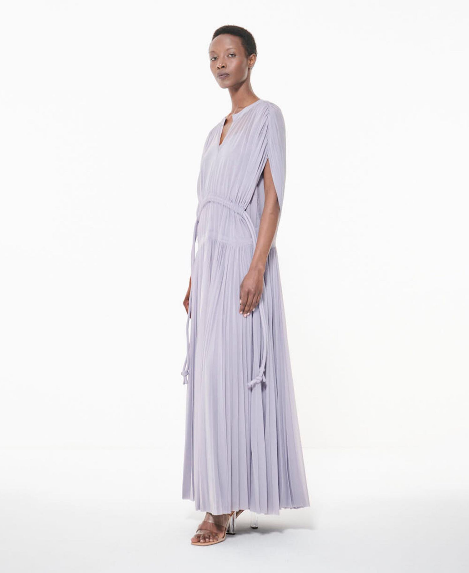 Women's Pleated Marked Waist Short-Sleeve Maxi Dress