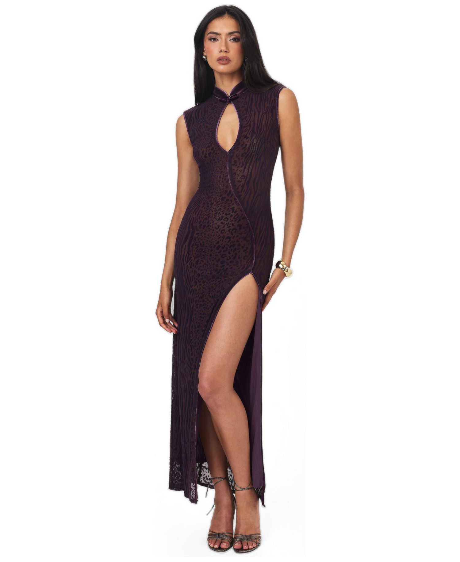 Women's Riona Party-Cocktail Burnout-Velvet Keyhole Maxi Dress