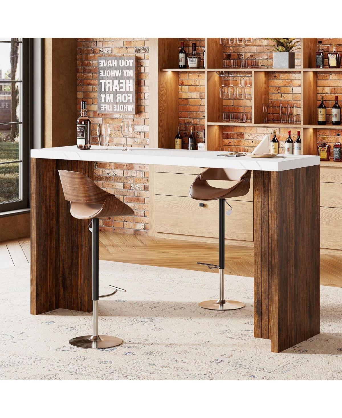 homfan Bar Table 55 Inch Engineered Wood Faux Marble Top Counter Height Pub Table for Kitchen Dining Room