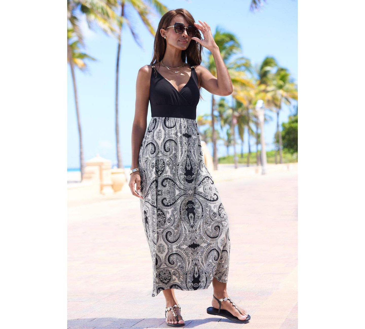 Женское платье Lascana Paisley Empire Waist Maxi, цвет: Чёрный / Молочный — фото 3