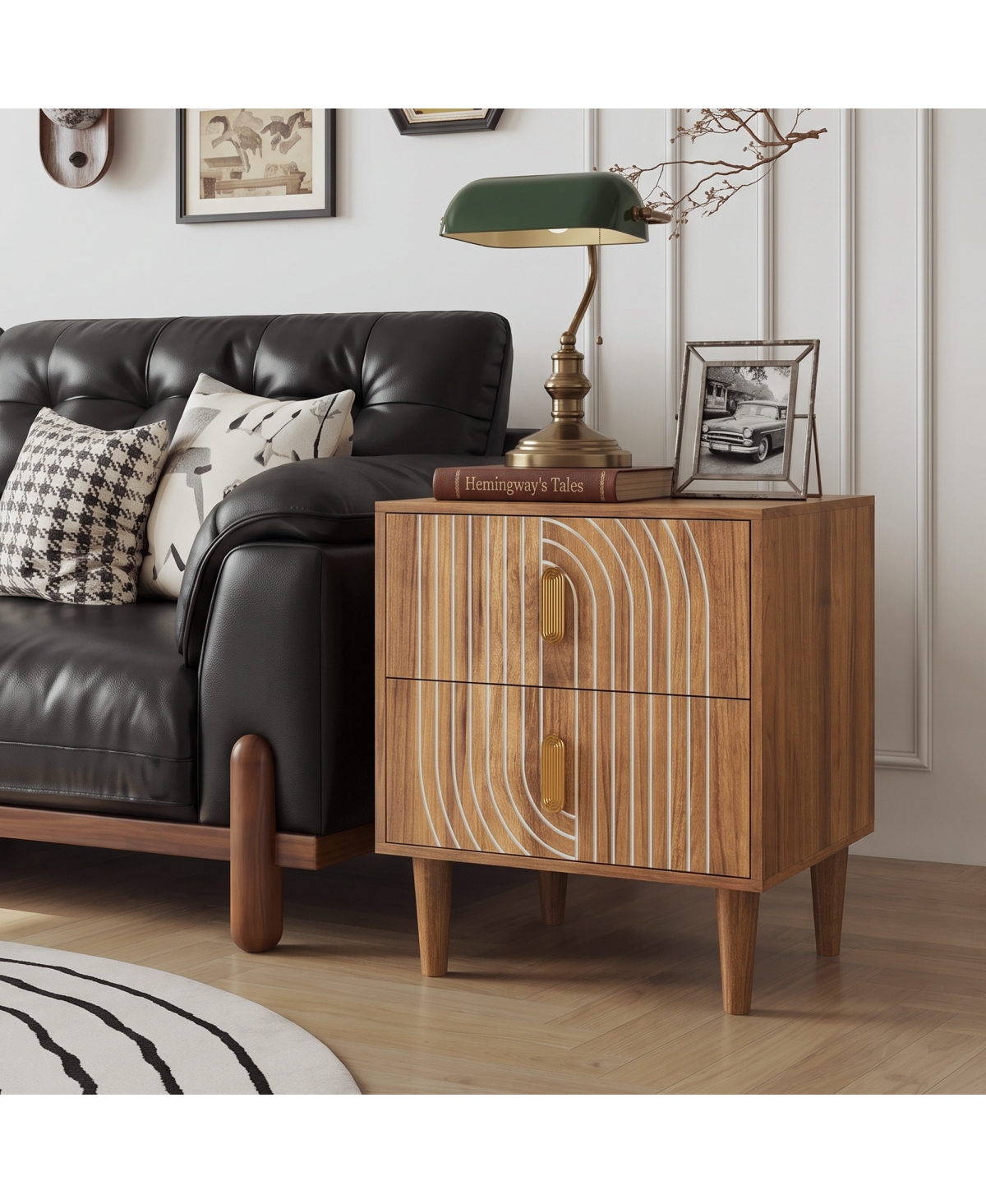Streamdale Furniture Medieval Modern Walnut Bedside Table with Double Drawers