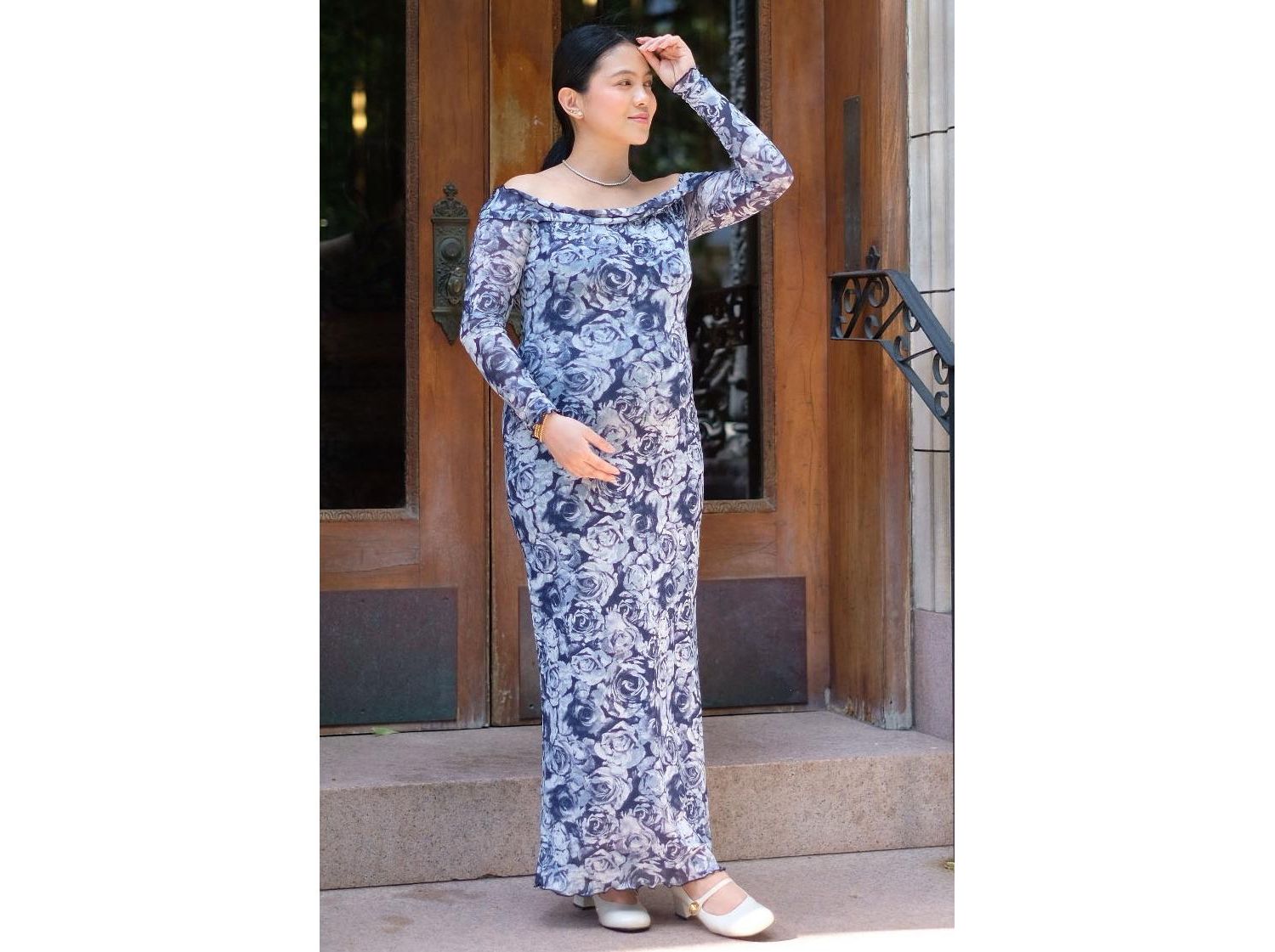Women's Floral Off Shoulder Mesh Knit Midi Dress