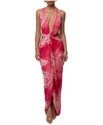 Women's Coastline Plunging V-Neck Open-Back Marbled-Print Maxi Dress